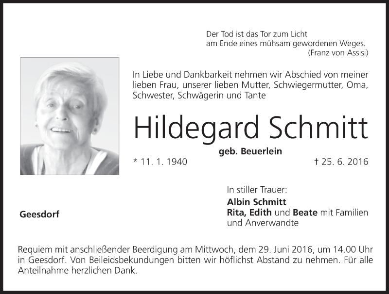  Traueranzeige für Hildegard Schmitt vom 28.06.2016 aus MGO