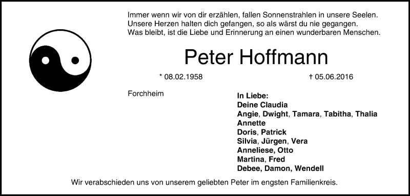  Traueranzeige für Peter Hoffmann vom 11.06.2016 aus MGO