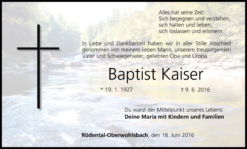  Traueranzeige für Baptist Kaiser vom 18.06.2016 aus MGO