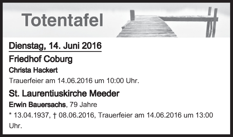  Traueranzeige für Totentafel vom 14.06.2016 vom 14.06.2016 aus MGO