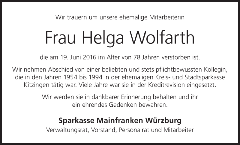  Traueranzeige für Helga Wolfarth vom 22.06.2016 aus MGO