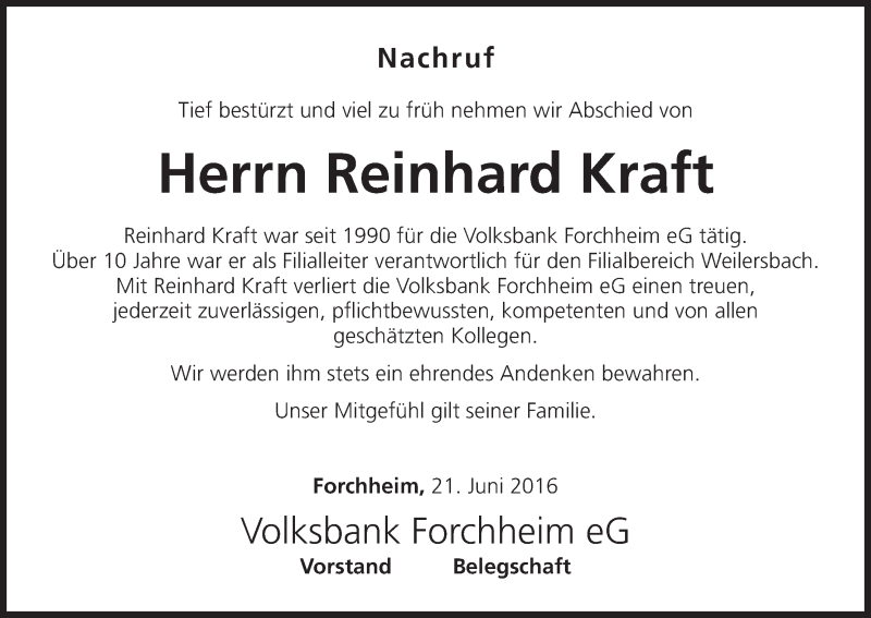  Traueranzeige für Reinhard Kraft vom 21.06.2016 aus MGO