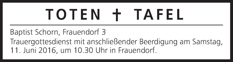  Traueranzeige für Totentafel vom 10.06.2016 vom 10.06.2016 aus MGO