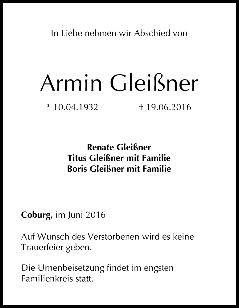  Traueranzeige für Armin Gleißner vom 21.06.2016 aus MGO