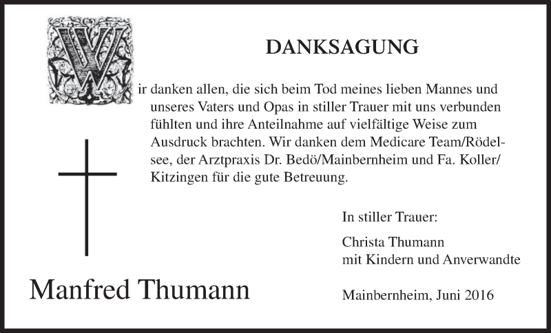  Traueranzeige für Manfred Thumann vom 18.06.2016 aus MGO
