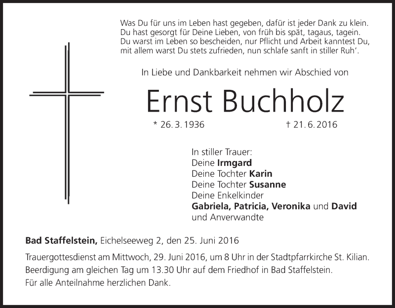  Traueranzeige für Ernst Buchholz vom 25.06.2016 aus MGO