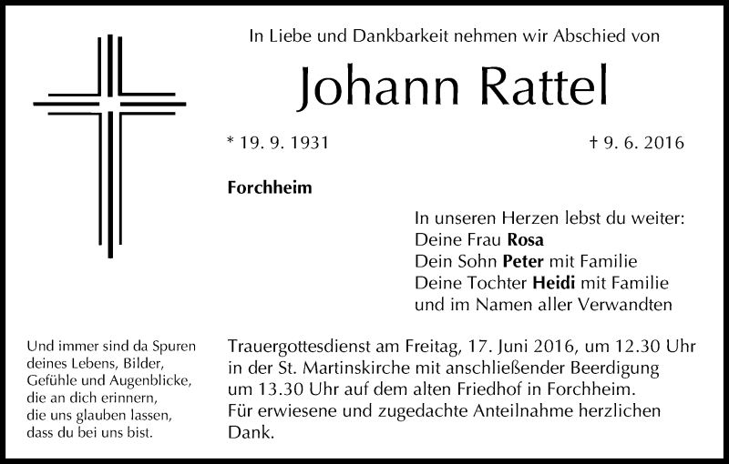  Traueranzeige für Johann Rattel vom 14.06.2016 aus MGO