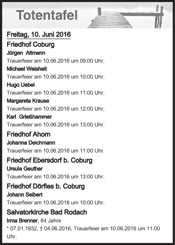  Traueranzeige für Totentafel vom 10.06.2016 vom 10.06.2016 aus MGO