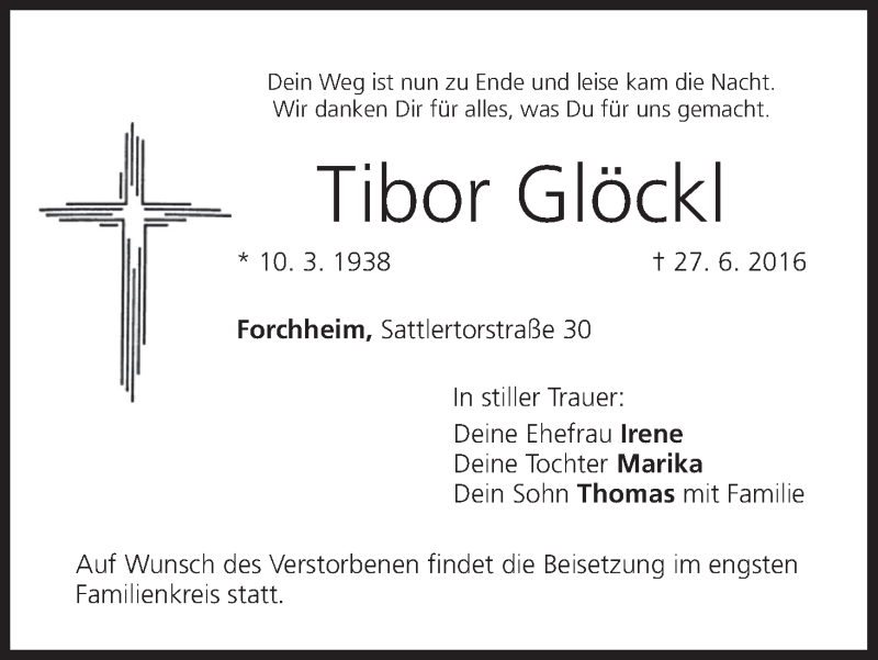  Traueranzeige für Tibor Glöckl vom 29.06.2016 aus MGO