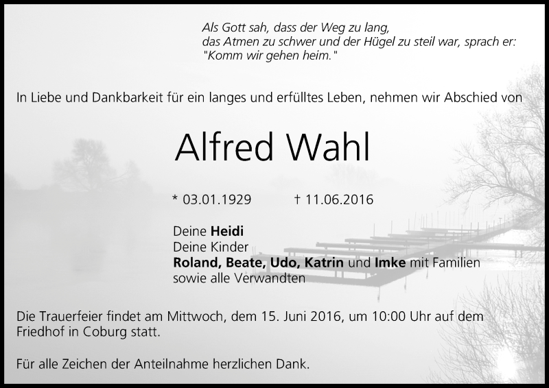  Traueranzeige für Alfred Wahl vom 14.06.2016 aus MGO