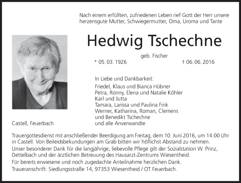  Traueranzeige für Hedwig Tschechne vom 09.06.2016 aus MGO