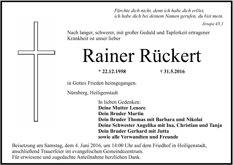  Traueranzeige für Rainer Rückert vom 03.06.2016 aus MGO