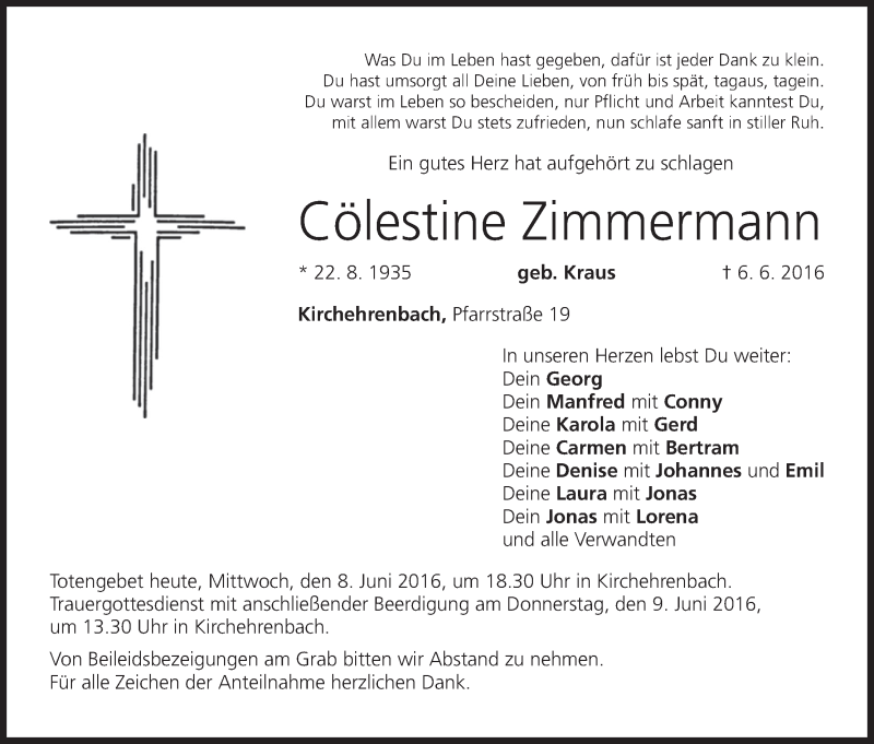  Traueranzeige für Cölestine Zimmermann vom 08.06.2016 aus MGO