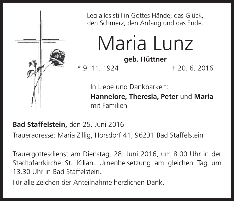  Traueranzeige für Maria Lunz vom 25.06.2016 aus MGO