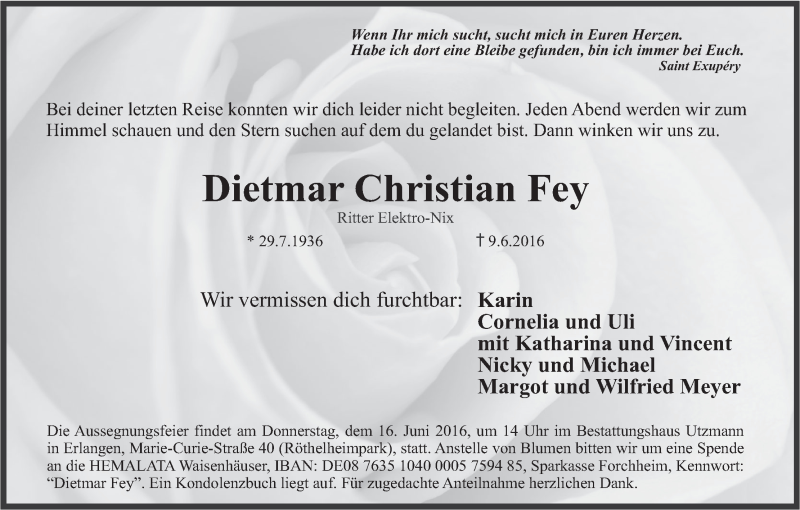  Traueranzeige für Dietmar Christian Fey vom 13.06.2016 aus MGO