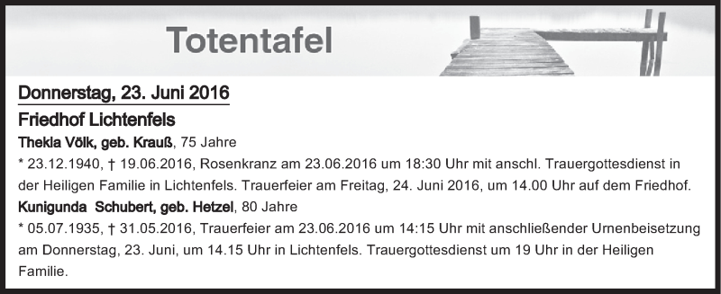  Traueranzeige für Totentafel vom 23.06.2016 vom 23.06.2016 aus MGO