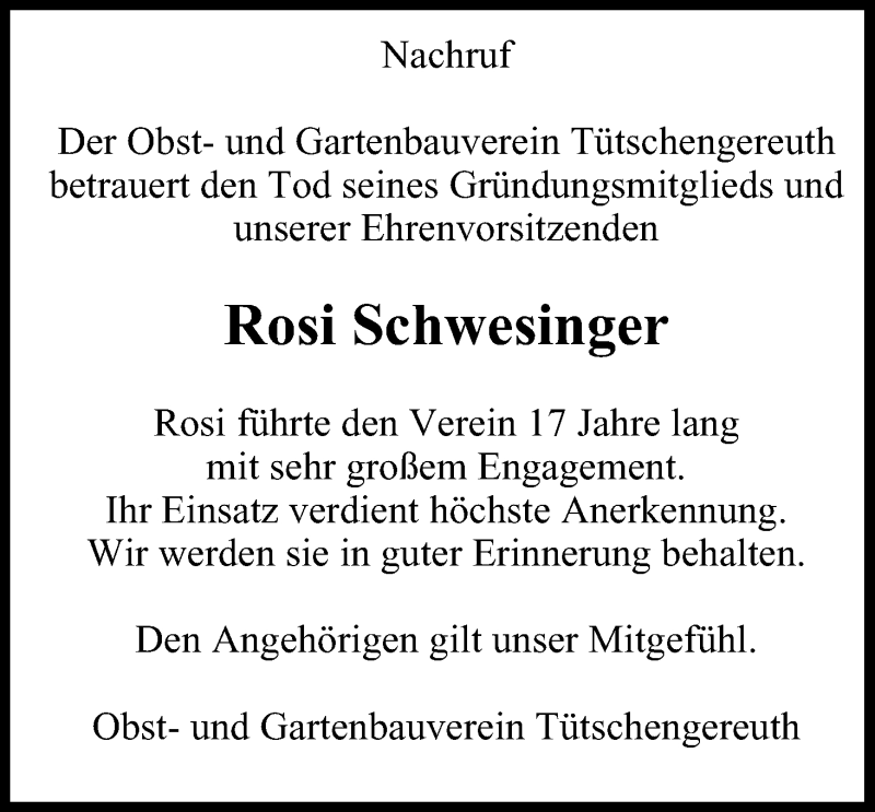  Traueranzeige für Rosi Schwesinger vom 13.06.2016 aus MGO