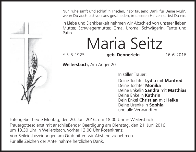 Traueranzeige für Maria Seitz vom 20.06.2016 aus MGO