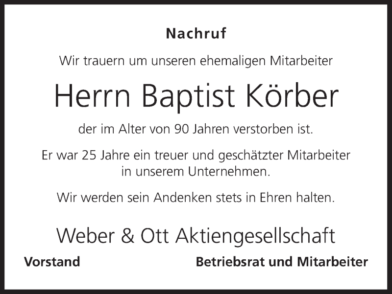  Traueranzeige für Baptist Körber vom 22.06.2016 aus MGO