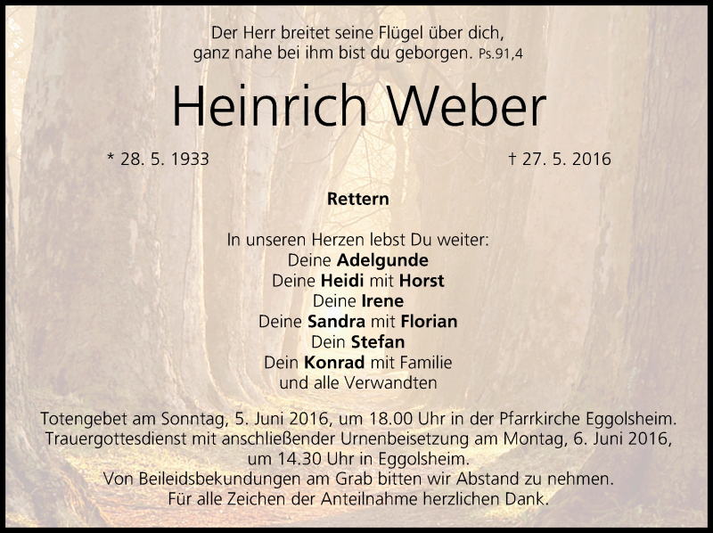  Traueranzeige für Heinrich Weber vom 03.06.2016 aus MGO
