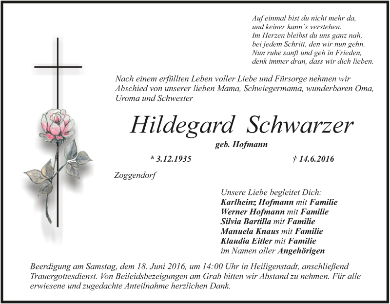  Traueranzeige für Hildegard Schwarzer vom 16.06.2016 aus MGO