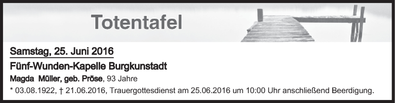  Traueranzeige für Totentafel vom 25.06.2016 vom 25.06.2016 aus MGO