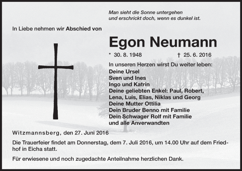  Traueranzeige für Egon Neumann vom 27.06.2016 aus MGO