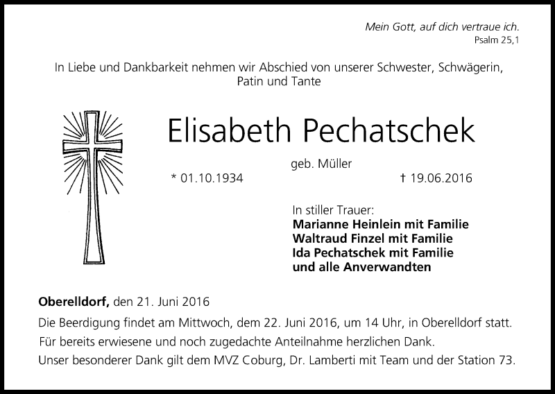  Traueranzeige für Elisabeth Pechatschek vom 21.06.2016 aus MGO