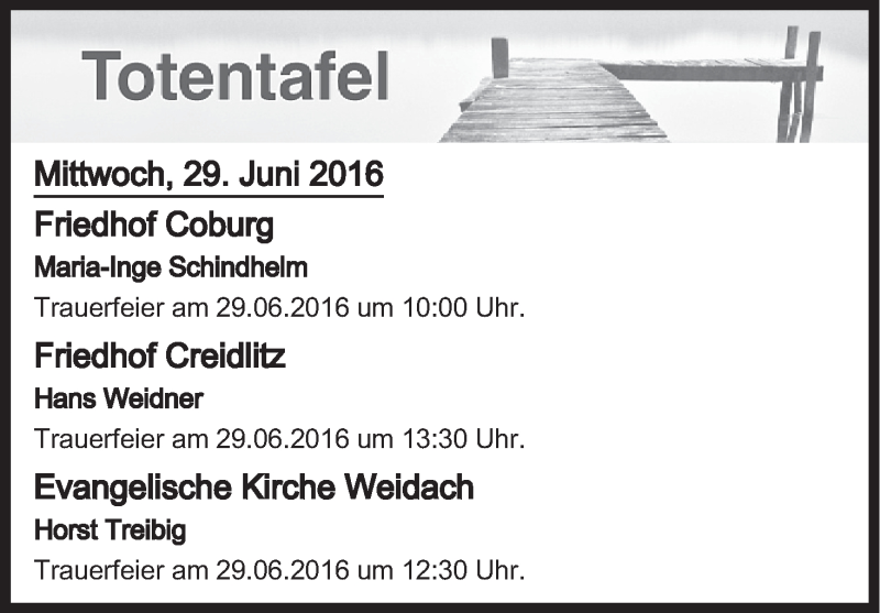  Traueranzeige für Totentafel vom 29.06.2016 vom 29.06.2016 aus MGO