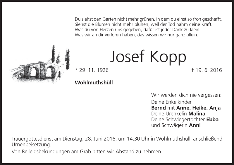  Traueranzeige für Josef Kopp vom 25.06.2016 aus MGO