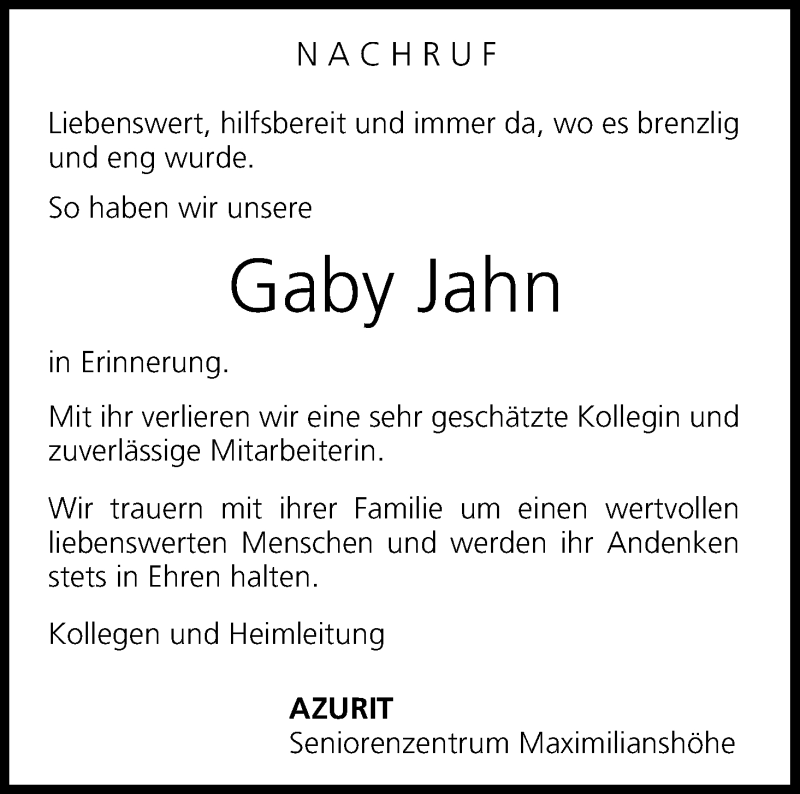  Traueranzeige für Gaby Jahn vom 14.06.2016 aus MGO
