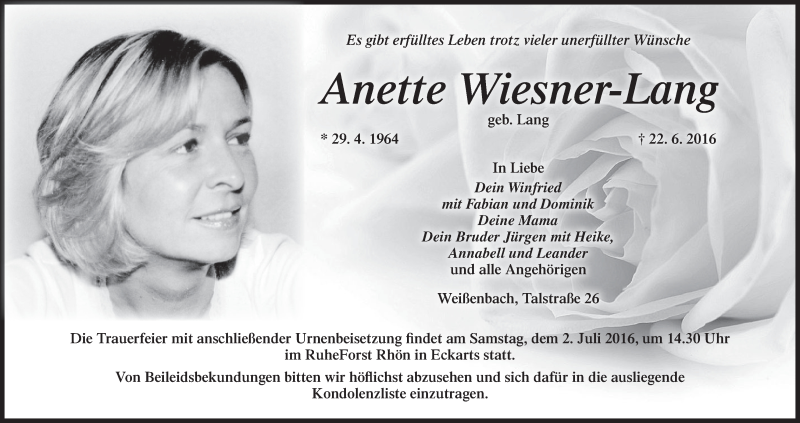  Traueranzeige für Anette Wiesner-Lang vom 25.06.2016 aus MGO
