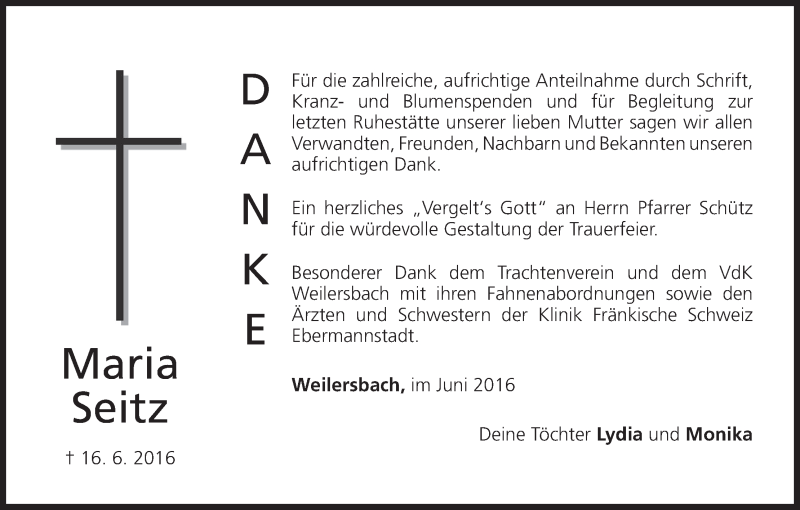  Traueranzeige für Maria Seitz vom 25.06.2016 aus MGO