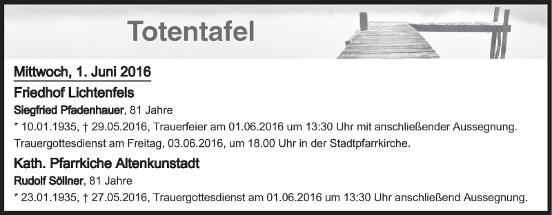  Traueranzeige für Totentafel vom 01.06.2016 vom 01.06.2016 aus MGO