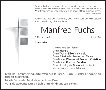 Manfred Fuchs | Traueranzeige | trauer.inFranken.de