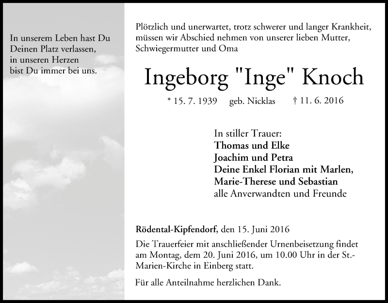  Traueranzeige für Ingeborg Knoch vom 15.06.2016 aus MGO