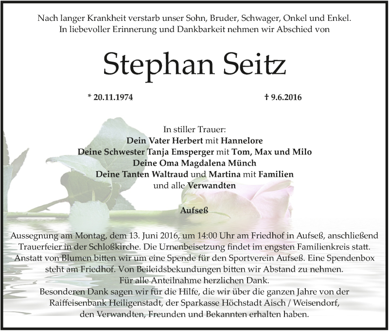  Traueranzeige für Stephan Seitz vom 11.06.2016 aus MGO