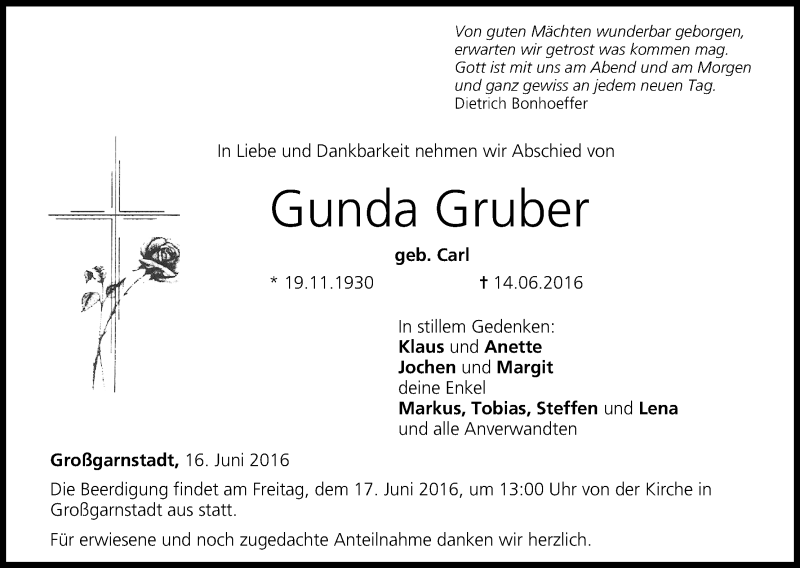  Traueranzeige für Gunda Gruber vom 16.06.2016 aus MGO