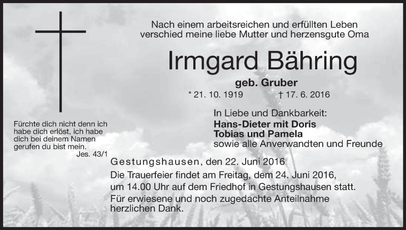  Traueranzeige für Irmgard Bähring vom 22.06.2016 aus MGO