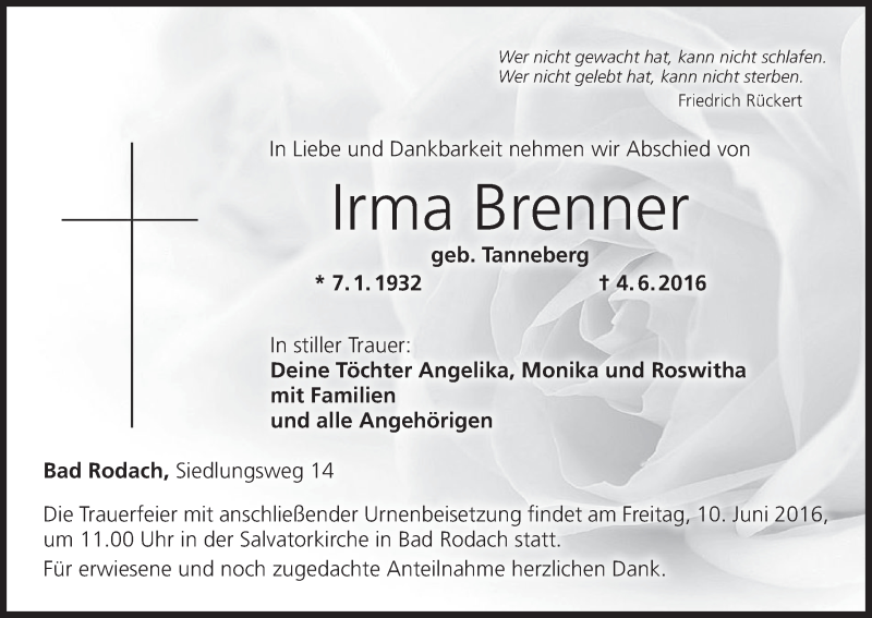  Traueranzeige für Irma Brenner vom 07.06.2016 aus MGO