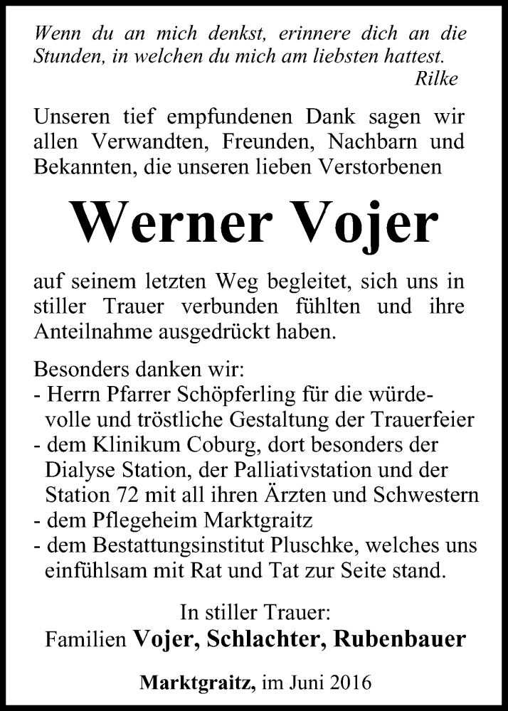  Traueranzeige für Werner  Vojer vom 29.06.2016 aus MGO