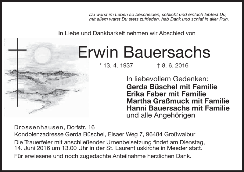  Traueranzeige für Erwin Bauersachs vom 11.06.2016 aus MGO
