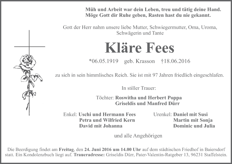  Traueranzeige für Kläre Fees vom 22.06.2016 aus MGO