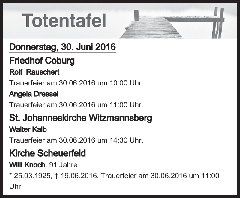  Traueranzeige für Totentafel vom 30.06.2016 vom 30.06.2016 aus MGO