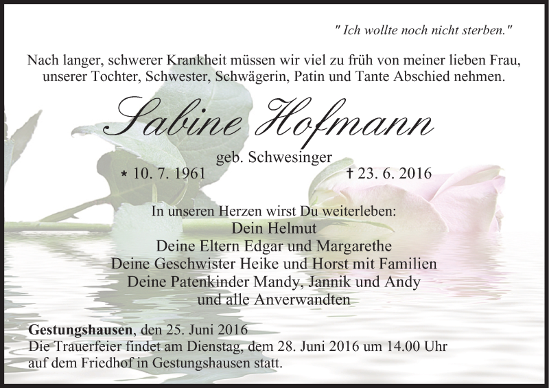  Traueranzeige für Sabine Hofmann vom 25.06.2016 aus MGO