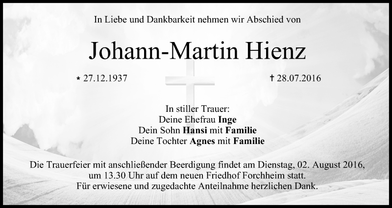  Traueranzeige für Johann-Martin Hienz vom 30.07.2016 aus MGO