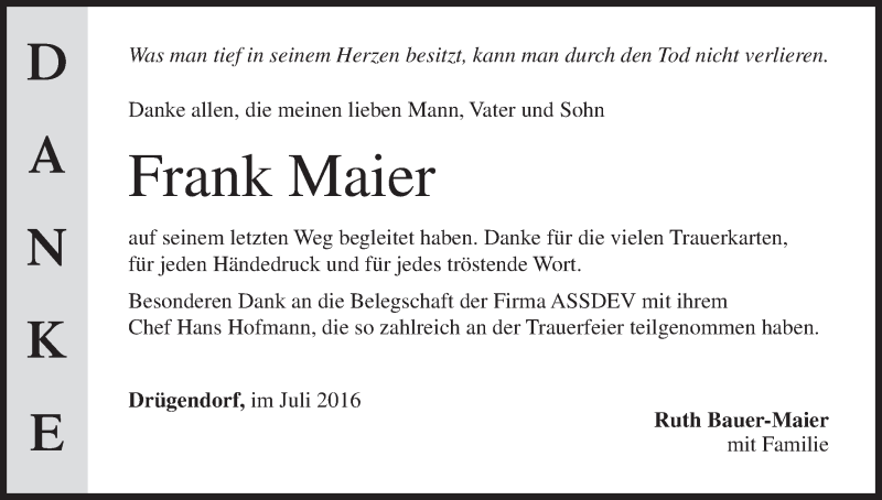  Traueranzeige für Frank Maier vom 09.07.2016 aus MGO