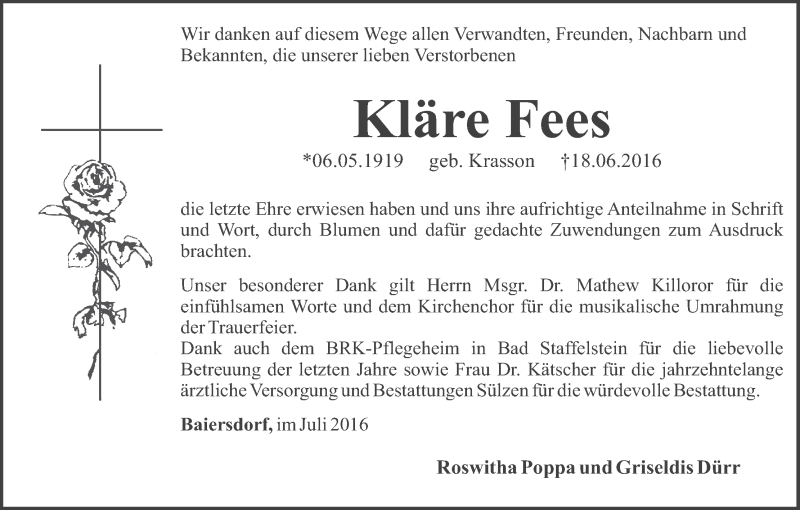  Traueranzeige für Kläre Fees vom 02.07.2016 aus MGO
