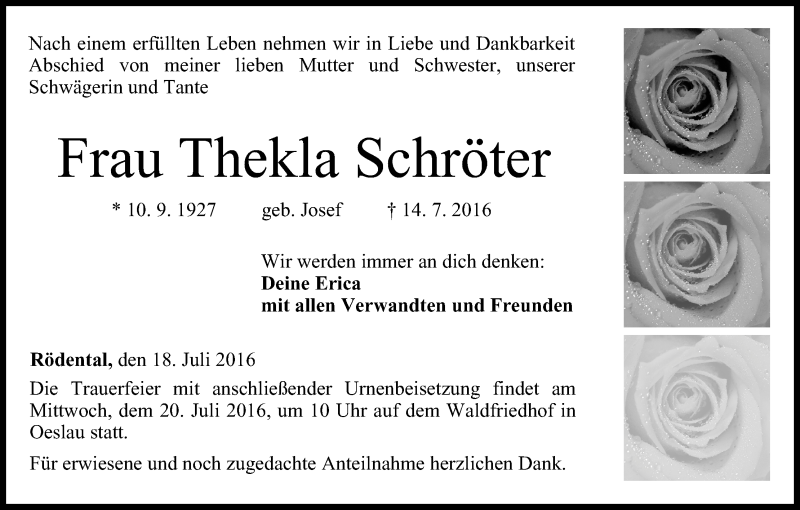  Traueranzeige für Thekla Schröter vom 18.07.2016 aus MGO