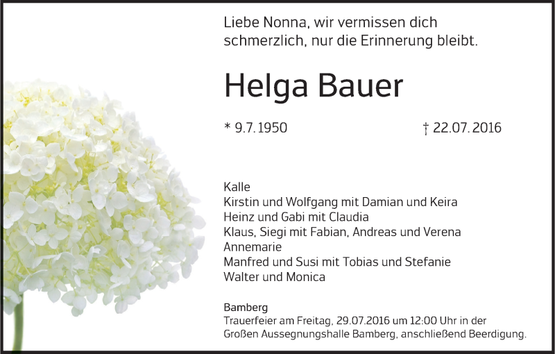  Traueranzeige für Helga Bauer vom 26.07.2016 aus MGO